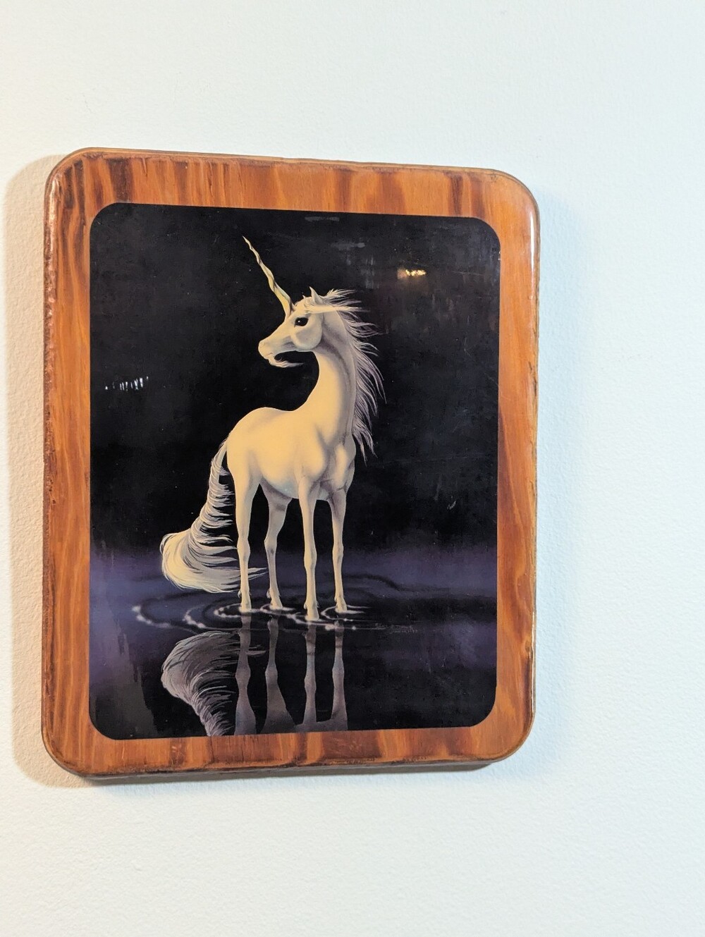 Vintage 80s White Unicorn Wood Framed Fantasy Art Print Wall Hanging 9x11